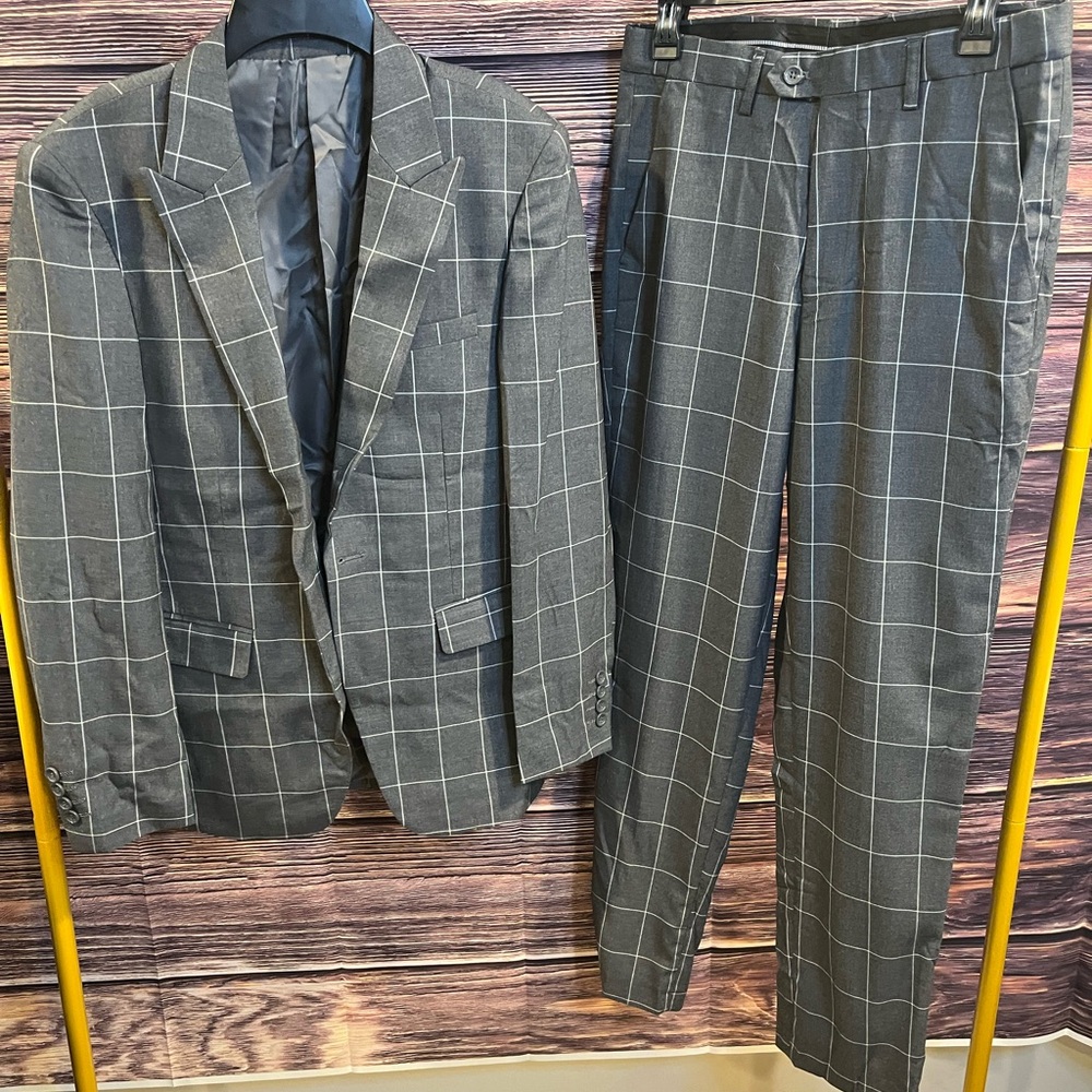 Mens Window Pane Patterned Gray 2 pc Pantsuit